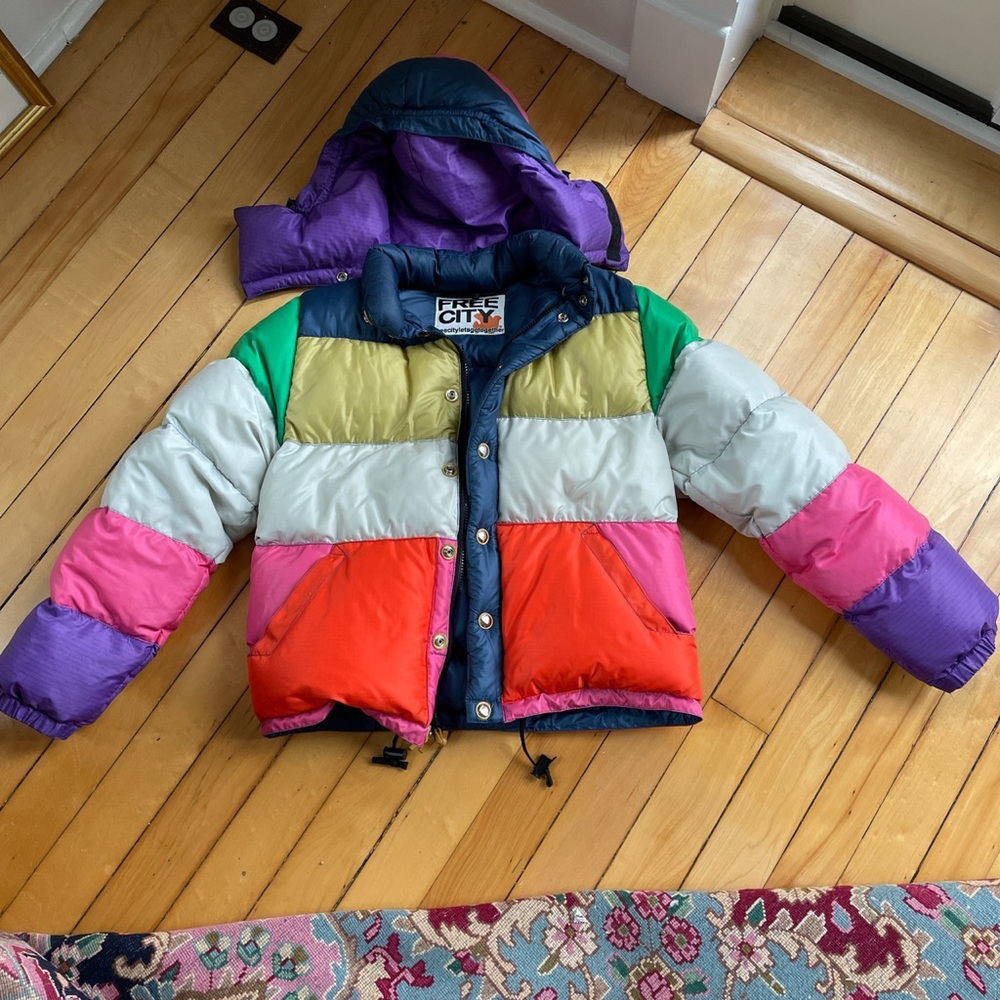 FREECITY Rainbow Color Block Down Puffer Jacket XS